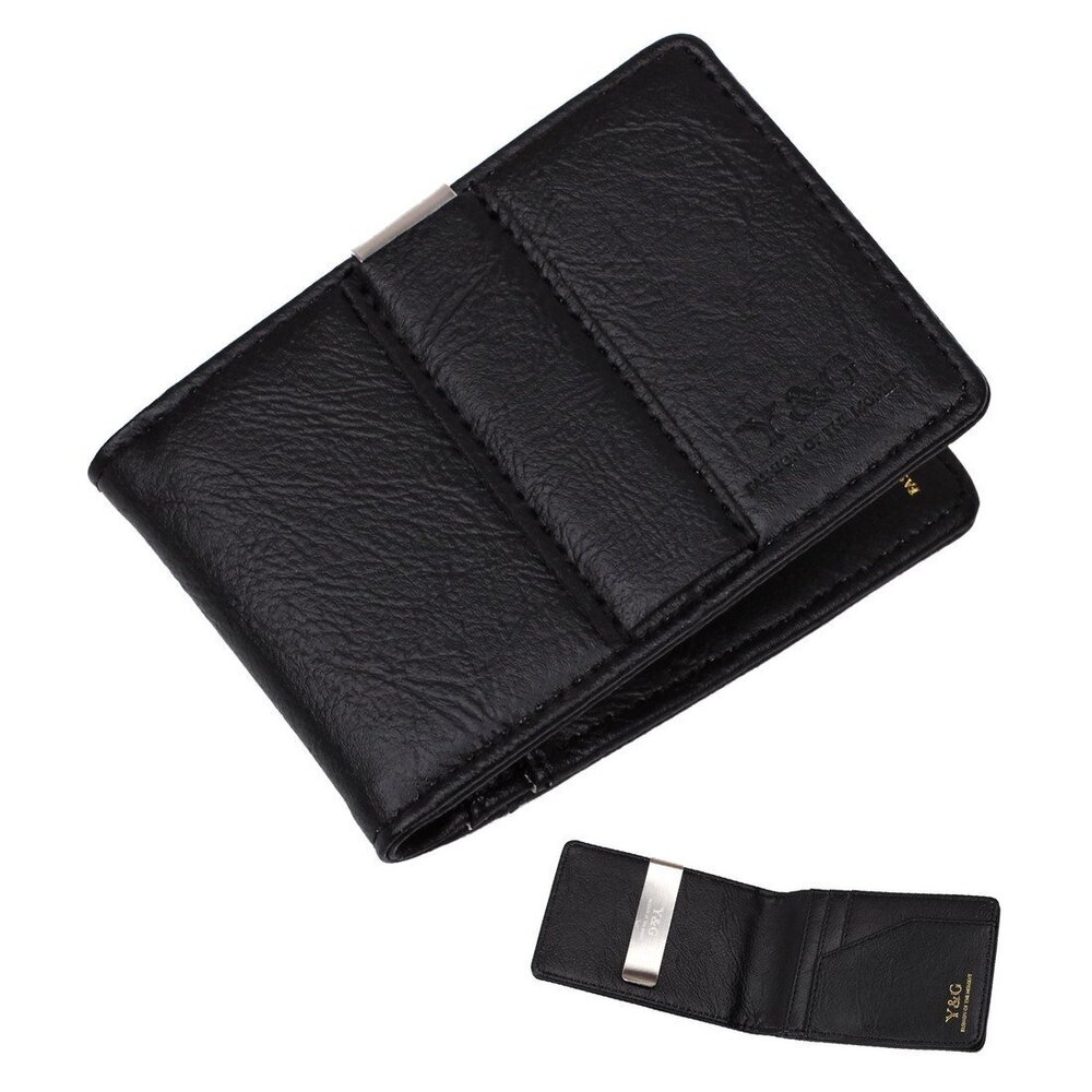 6256 YCM15B01 Black Stainless Steel Leather Money Clip Wallet and Card